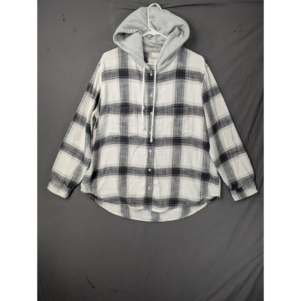 American Eagle Plaid Hooded Flannel Shirt Mens Large White Black Distressed 6425